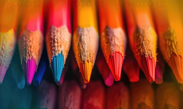 Close-up of a bunch of colored pencils, abstract background with colored pencils macro view AI generated