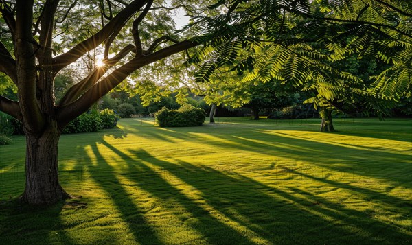 Laburnum tree branches casting shadows on a lush green lawn AI generated