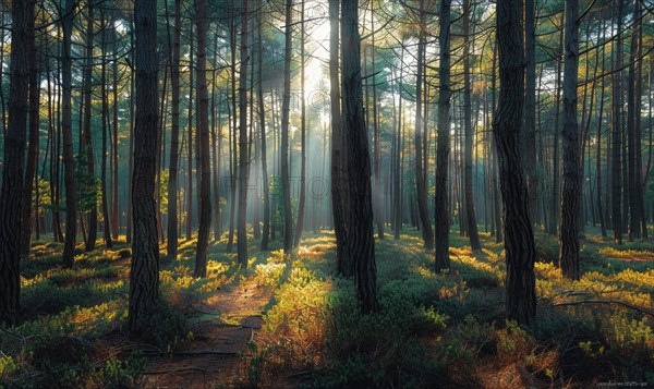 A tranquil pine forest, with sunlight filtering through the dense canopy AI generated
