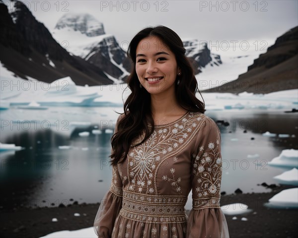 Portrait of a young woman smiling at camera in front of icebergs. ai generative, AI generated