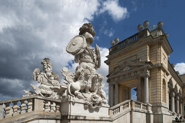 Gloriette, built in 1775, left Antique symbols such as armour, shields, field signs and lions, in front of the staircase, Schoenbrunn Palace Park, Schoenbrunn, Vienna, Austria, Europe