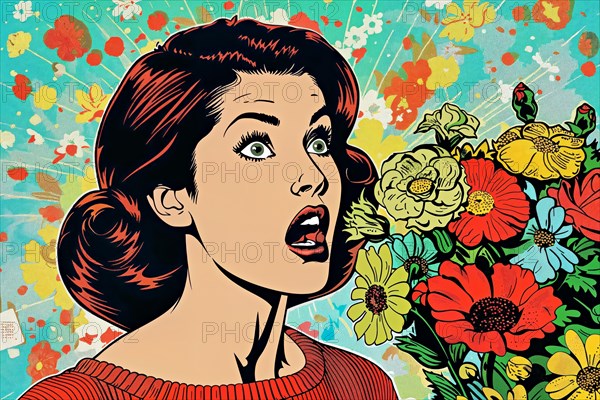 Shocked woman in pop art style with red flowers and green background with butterfly illustrations, AI generated, AI generated