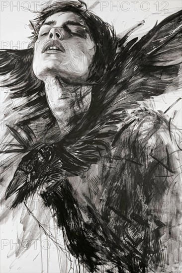 Expressive depiction of a woman with a raven in flowing, dynamic lines, raven woman, book cover design, AI generated, AI generated