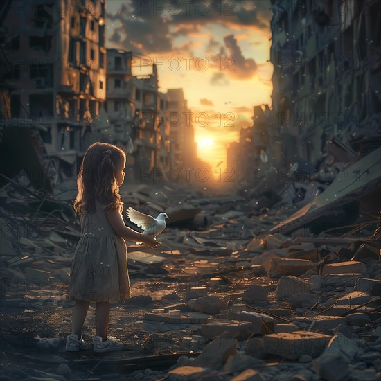 A little girl holds a pigeon in a destroyed city, sunset in the background, destroyed houses, war, dove of peace, AI generated