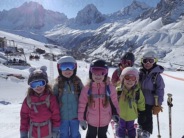 Children are traveling with a ski school in the mountains and learning to ski, AI generated