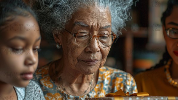 An elderly asian woman with glasses and a young girl intently examining a gift, AI generated