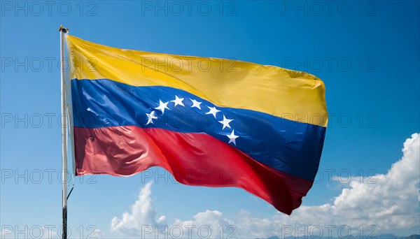 The flag of Venezuela, fluttering in the wind, isolated against a blue sky