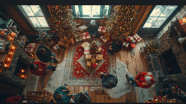 A cozy overhead shot of a family celebrating Christmas with gifts and festive decorations, AI generated