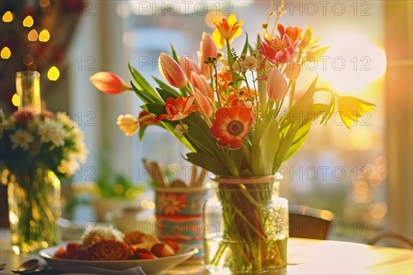 Mother's Day, bouquet of flowers in the warm evening light of a sunset on a dining table, AI generated, AI generated