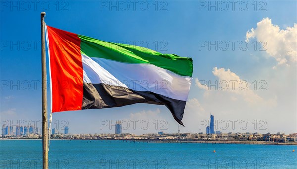 The flag of United Arab Emirates, fluttering in the wind, isolated, against the blue sky