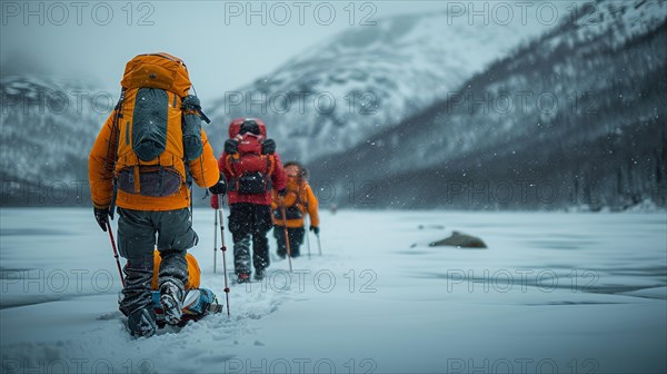 Trekkers in yellow jackets moving through a snowy landscape with mountains in the distance, AI generated