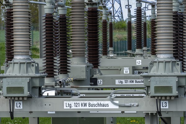 Insulators at the Avacon substation in Helmstedt, Helmstedt, Lower Saxony, Germany, Europe