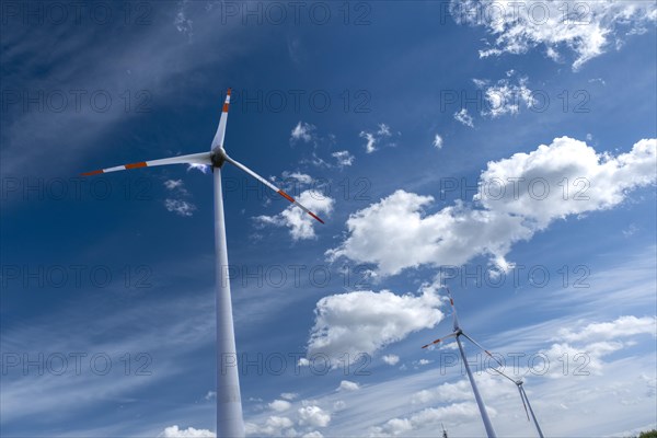 Wind turbines near the Avacon substation Helmstedt, Helmstedt, Lower Saxony, Germany, Europe