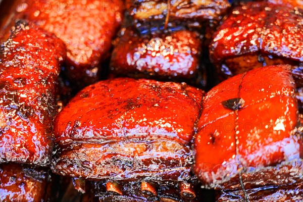 Supermarket, Vegetable market in the centre of Shanghai, China, Asia, Dark red shiny pieces of grilled meat displayed at the snack bar, Shanghai, Asia