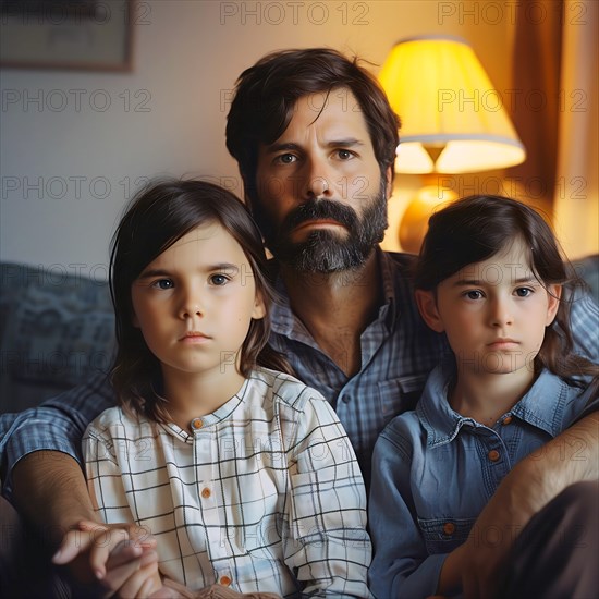 A serious father sits in the living room with his two daughters, apartment relocation, apartment relocation, housing shortage, AI generated