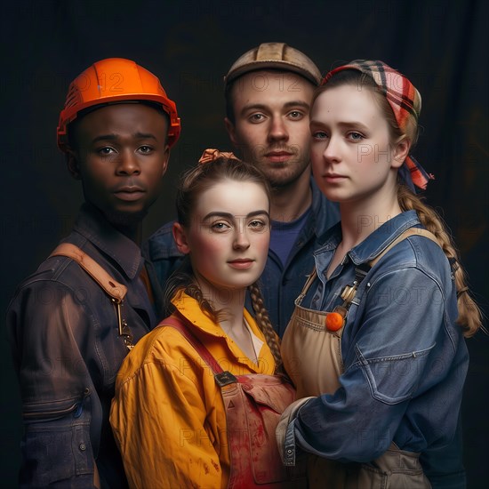 Four young workers in hard hats and overalls stand seriously together in the studio, group picture with people in work clothes of different nationalities and cultures, AI generated