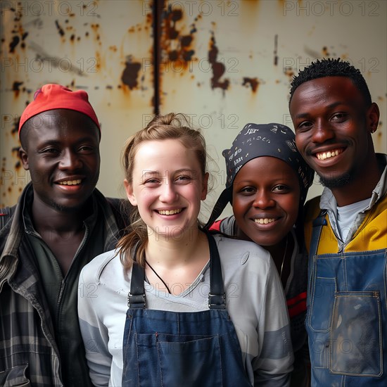 Portrait of four smiling people in casual work clothes in a workshop, group picture with people in work clothes of different nationalities and cultures, AI generated