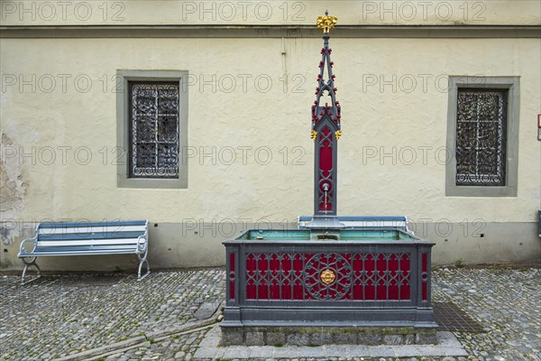 Historic fountain in neo-Gothic style on Postplatz in the old town centre of Wangen im Allgaeu, Upper Swabia, Baden-Wuerttemberg, Germany, Europe