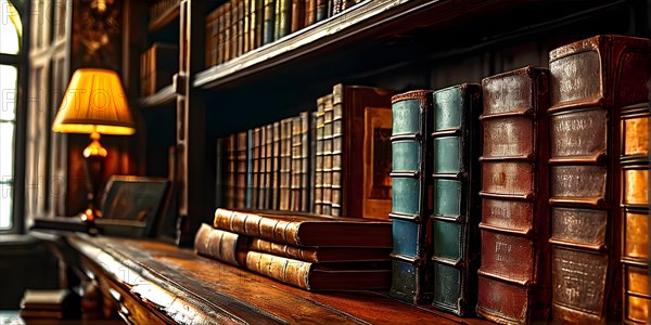 AI generated old library with antique wooden bookshelves