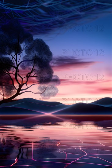AI generated illustration of a serene lake with reflections on the surface replaced with shimmering digital patterns