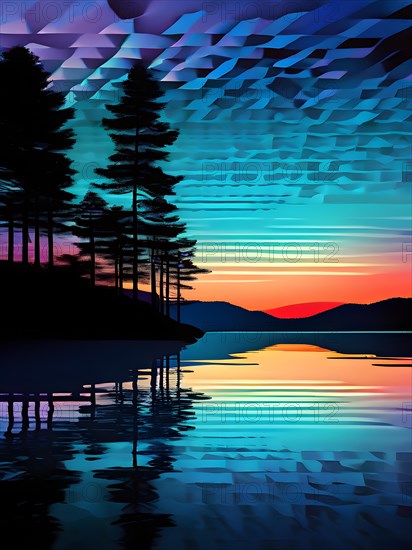 AI generated illustration of a serene lake with reflections on the surface replaced with shimmering digital patterns