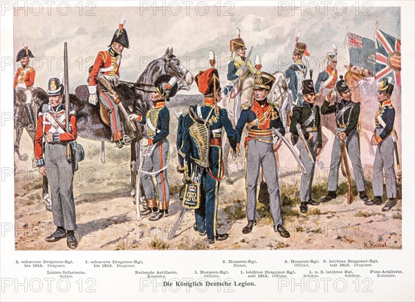 Historical, colour illustration, colour plate uniforms, Royal German Legion, soldiers and officers with flags, weapons and horses, dragoons, infantry, cannoneers, hussars, artillery, print with visible halftone dots from 'Zur Erinnerung an die Koeniglich Hannoversche Armee und ihre Stammtruppen', commemorative sheet for the celebration of 19 December 1903, Meisenbach, Riffarth & Co., Germany, Europe