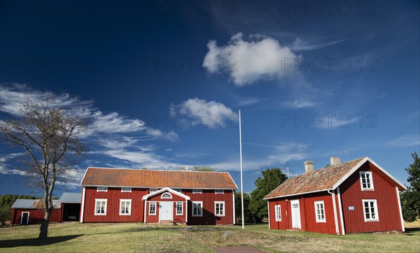Falun red or Swedish red painted houses, farm, Geta, Aland, or Aland Islands, Gulf of Bothnia, Baltic Sea, Finland, Europe