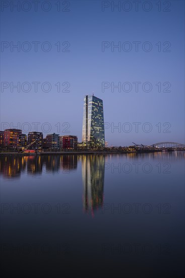 European Central Bank, ECB, at dusk, blue hour, harbour park, Frankfurt am Main, Hesse, Germany, Europe