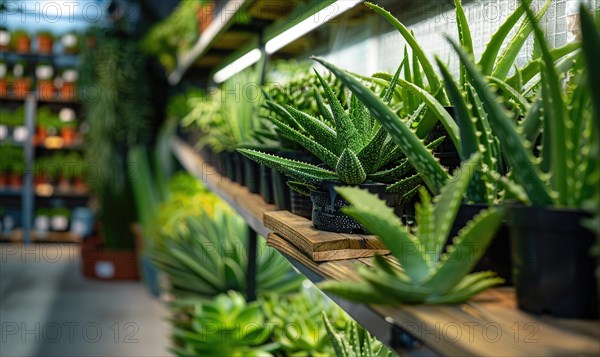 Aloe vera plants lining the shelves of a botanical shop AI generated