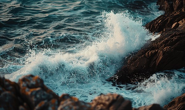 Close-up of waves crashing against rocks along the shoreline AI generated