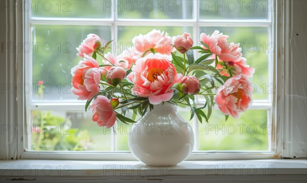 A vase filled with coral peonies on a windowsill AI generated