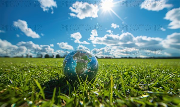 An Earth globe on a grassy meadow with bright blue sky as the backdrop AI generated