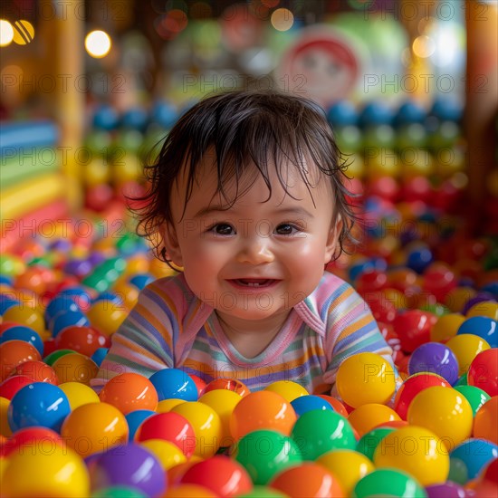 A joyful infant with an innocent smile sitting in a colorful ball pit with bright lighting, AI Generated, AI generated