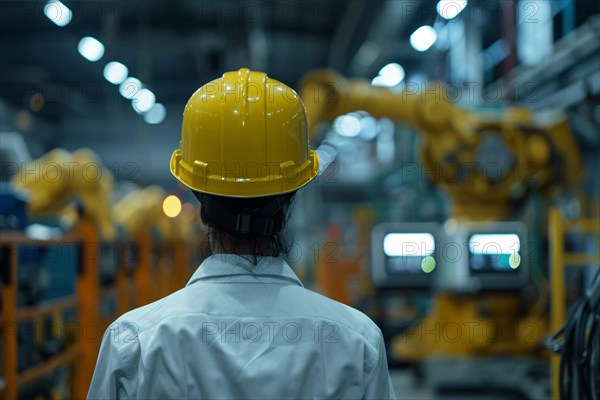 Back view of worker with safety helmet in factory. KI generiert, generiert, AI generated