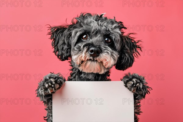 Dog holding empty sign in front of pink studio background. KI generiert, generiert, AI generated