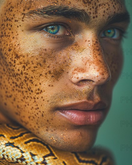 Close-up of a Mixed-race male with freckles and blue eyes, a snake around the neck, blurry teal turquoise solid background, beauty product studio light, fashion artsy make up, high concept potraiture, AI generated