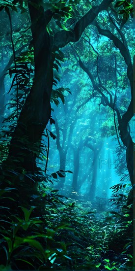 AI generated ethereal mystical forest scene with digital glow effects