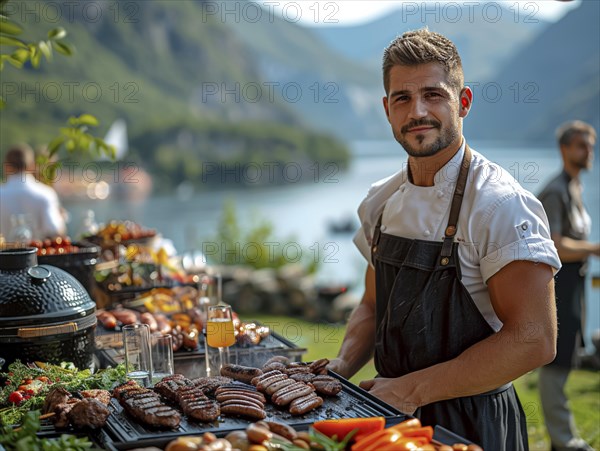 Barbecue party, guests with glasses in their hands stand around a chef who is grilling sausages and steaks, AI generated