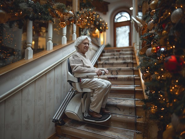 A pensioner rides a stair lift up a flight of stairs, AI generated