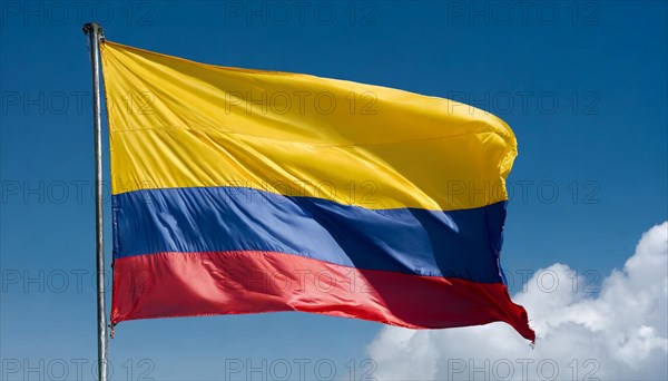 The flag of Colombia flutters in the wind, isolated against a blue sky