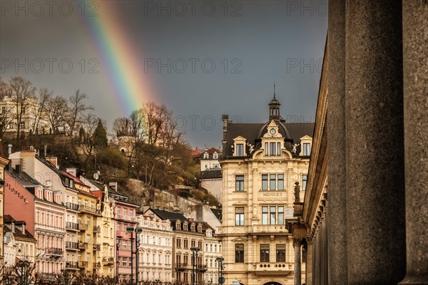 Weather, rainbow, spring, spa, wellness, travel, holiday, relaxation, spa centre, thermal spring, healing water, colonnades, Karlovy Vary, Bohemia, Czech Republic, Europe