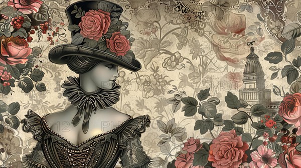 Illustration of a Victorian woman in silhouette with a floral background in sepia tones, ai generated, AI generated