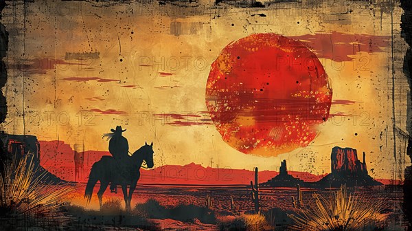 A textured illustration depicting a cowboy silhouette against a dramatic red sky at sunset, ai generated, AI generated