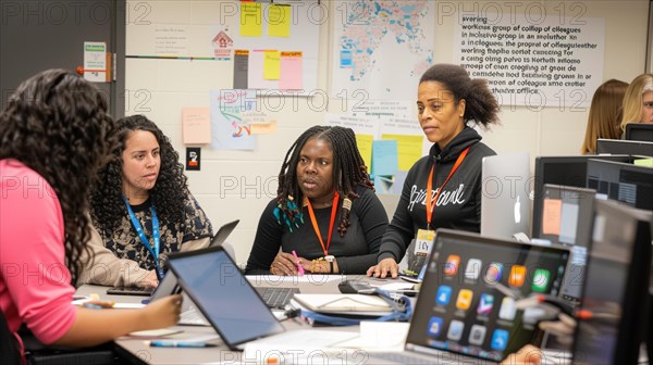 Focused colleagues working together on a project surrounded by computers in an office, AI generated