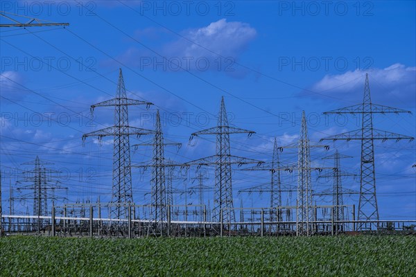 Power pylons with high-voltage lines at the Avacon substation in Helmstedt, Helmstedt, Lower Saxony, Germany, Europe