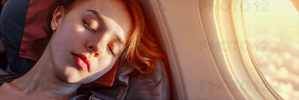 A young woman slumbers by the window in an aeroplane, surrounded by dawn, AI generated, AI generated