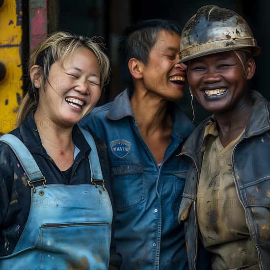 A group of exuberant workers laugh heartily together in a group photo, group photo with international employees and colleagues, KI generated, AI generated