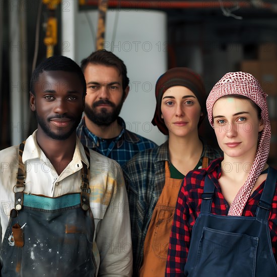 A serious-looking group of young people in work clothes represents diversity in the workplace, group picture with people in work clothes of different nationalities and cultures, KI generiert, AI generated
