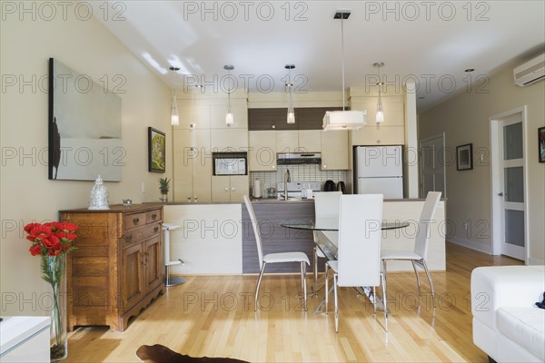 Dining room with round glass table, white leather high -back chairs and kitchen inside a renovated ground floor apartment in an old residential cottage style home, Quebec, Canada, North America