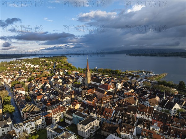 Aerial view of the town of Radolfzell on Lake Constance with the Radolfzell Minster in front of sunset, district of Constance, Baden-Wuerttemberg, Germany, Europe